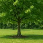 Healthy green tree with trimmed branches and mulched base in a well-maintained yard
