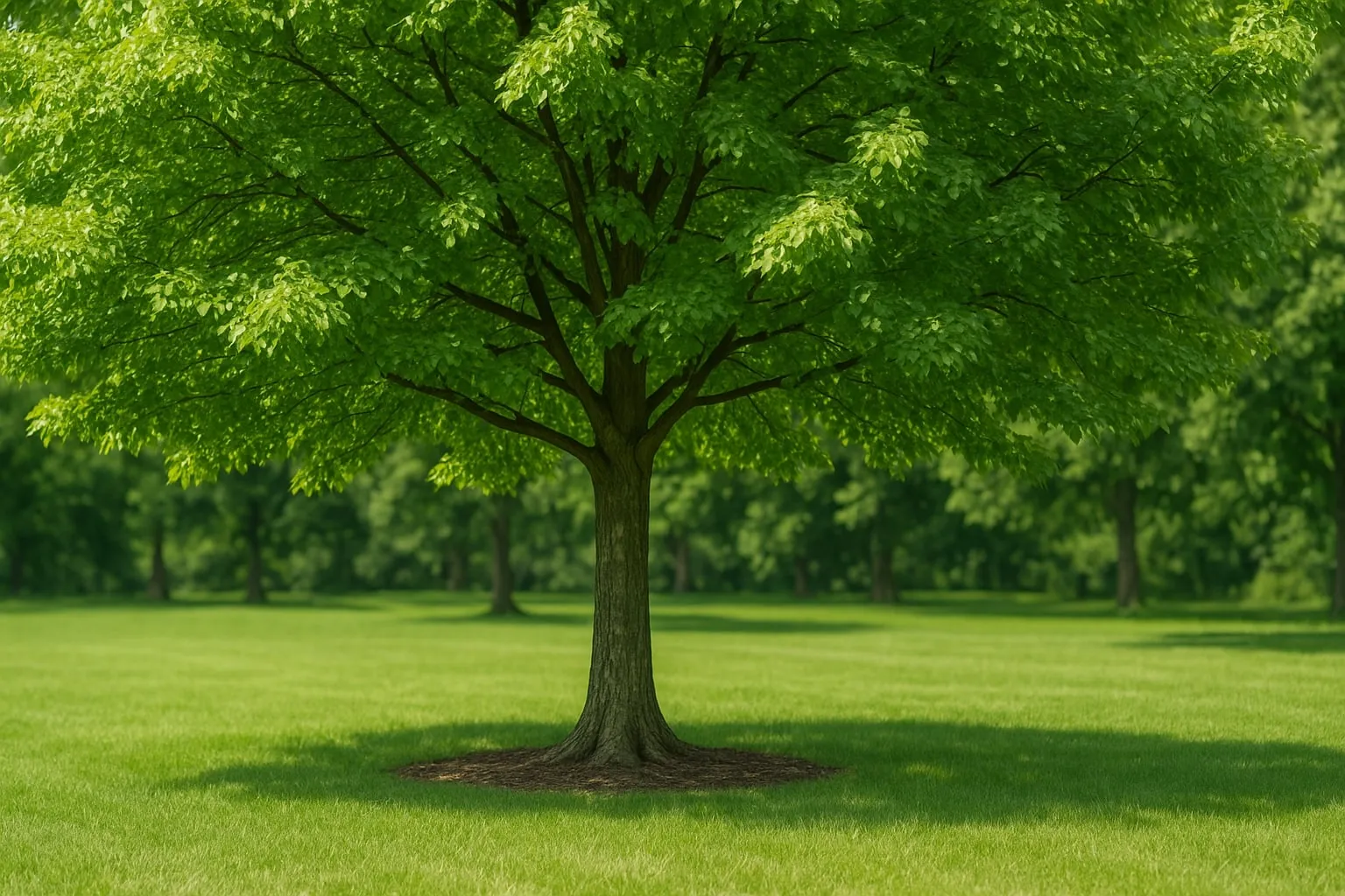 Healthy green tree with trimmed branches and mulched base in a well-maintained yard