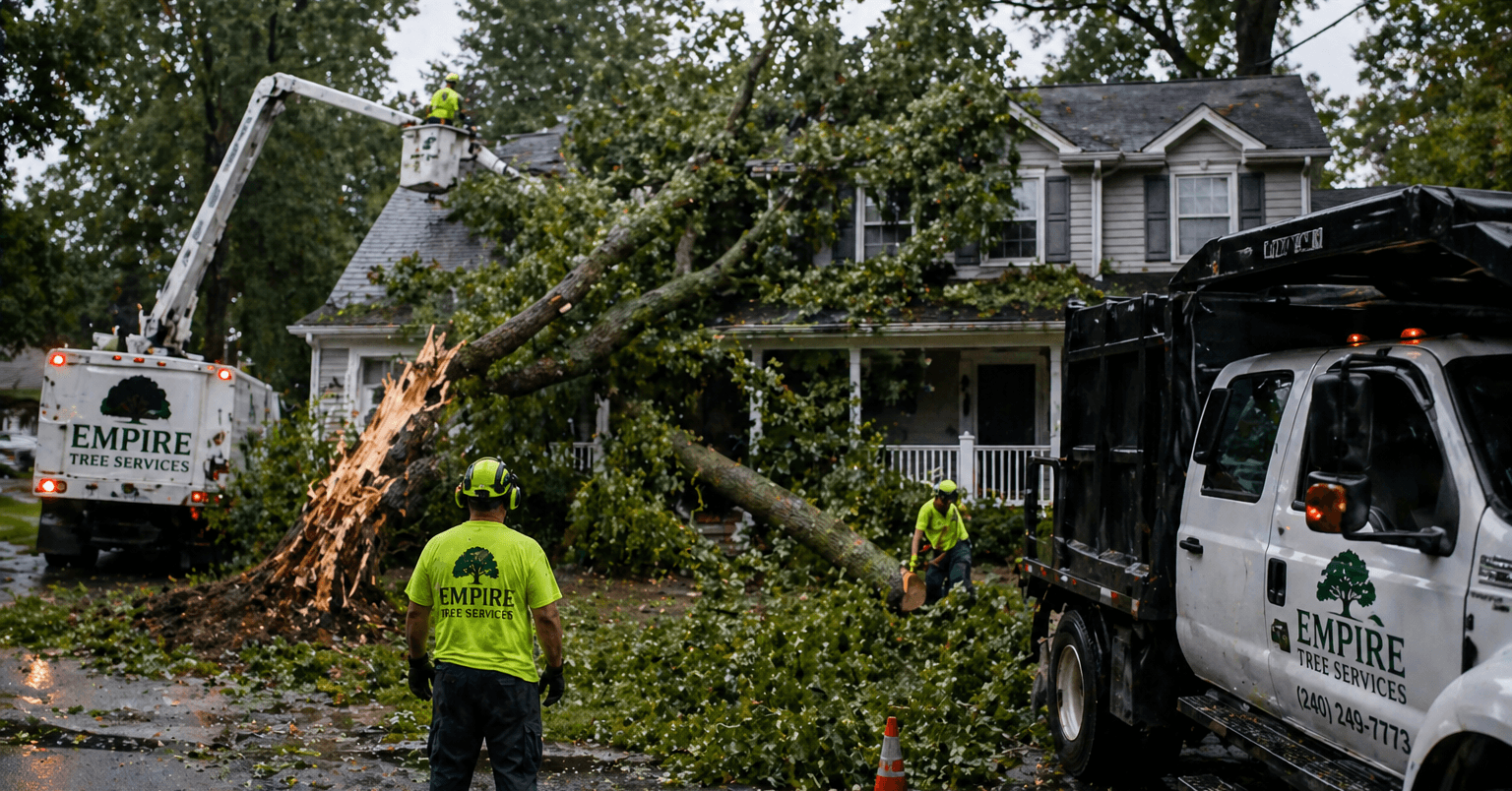 Image Alt Text: Emergency tree service in Calvert County by Empire Tree Services after storm damage