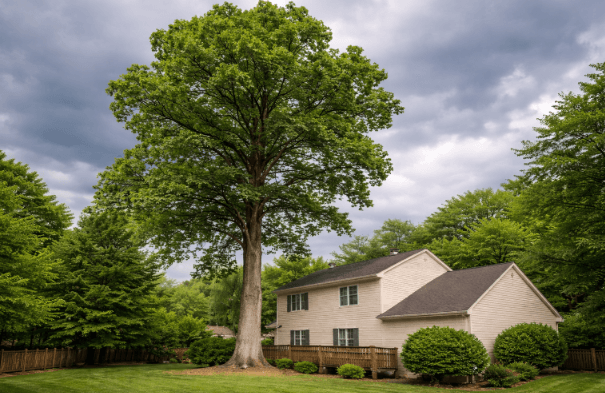 Tulip poplar tree near a Mechanicsville home showing tall height, wide canopy, and potential storm damage risk