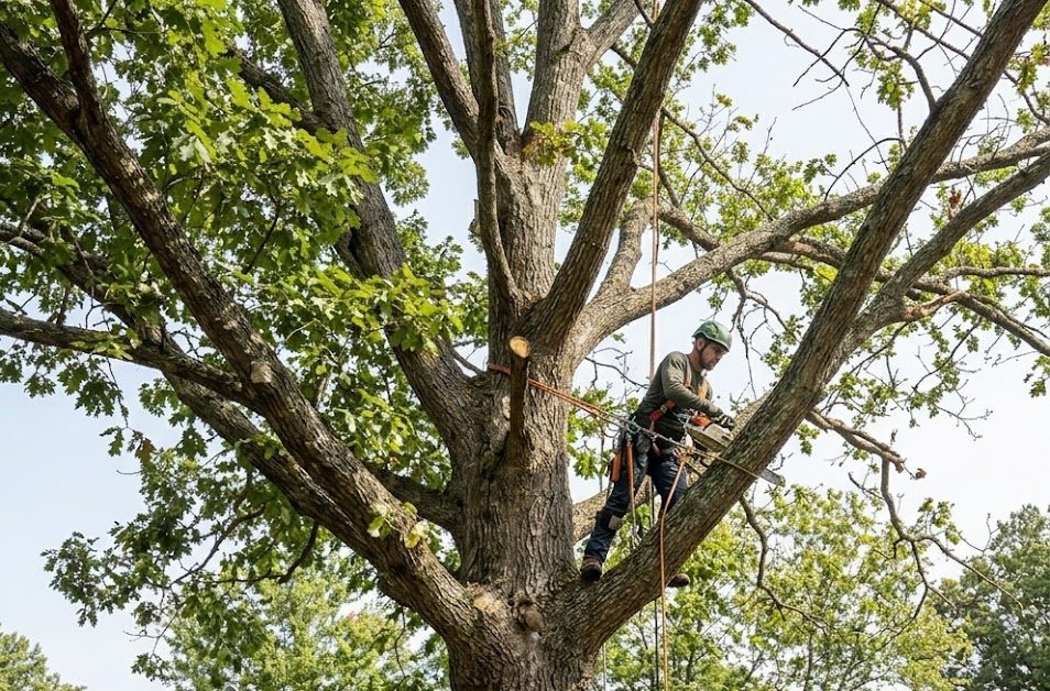 Arborist crown thinning White Oak for summer storm resistance