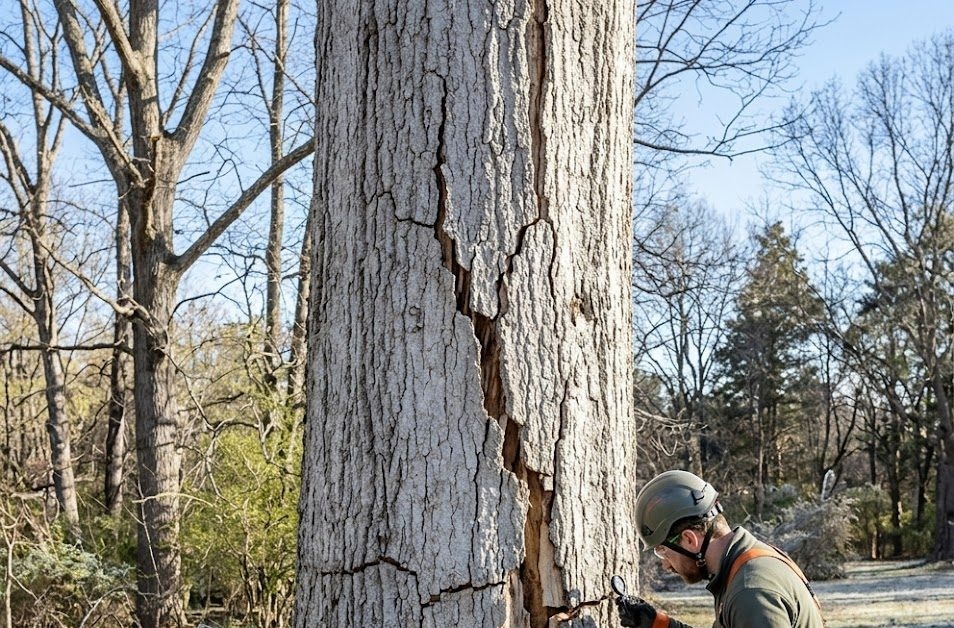 Arborist inspecting White Oak for frost cracks Southern Maryland