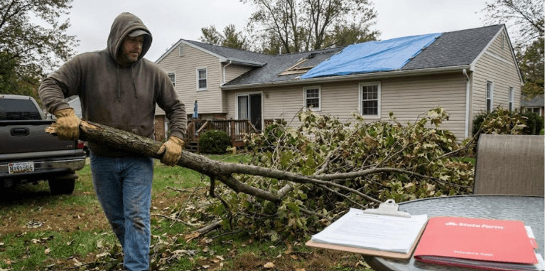 Homeowner dealing with tree debris cleanup after a storm insurance claim in Maryland