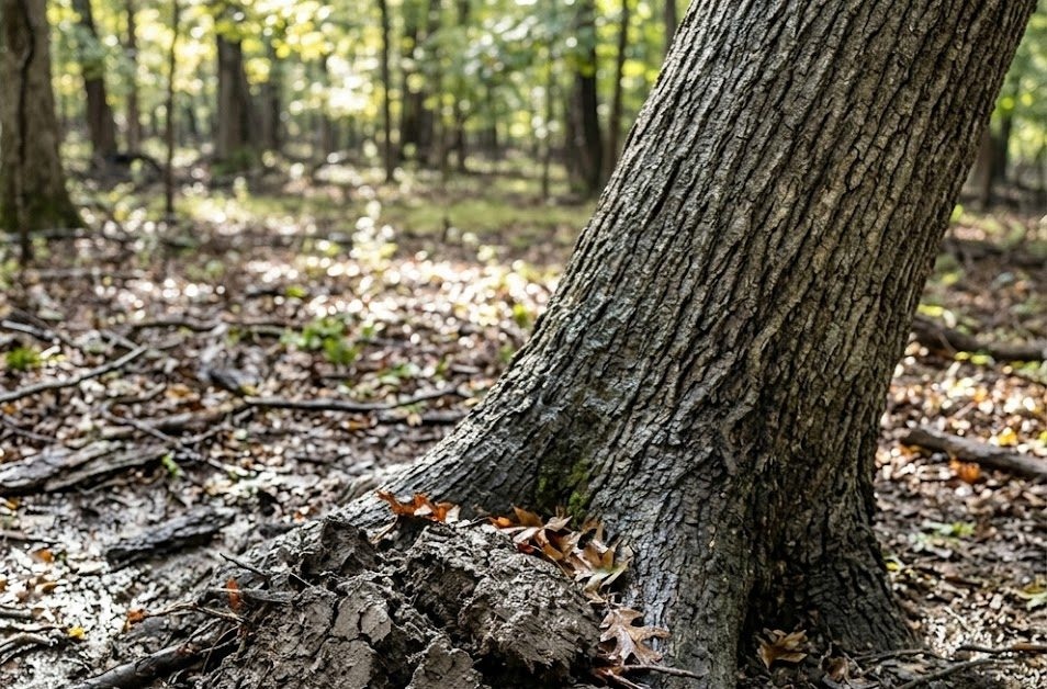 Soil heaving mound at base of leaning oak tree after heavy rain