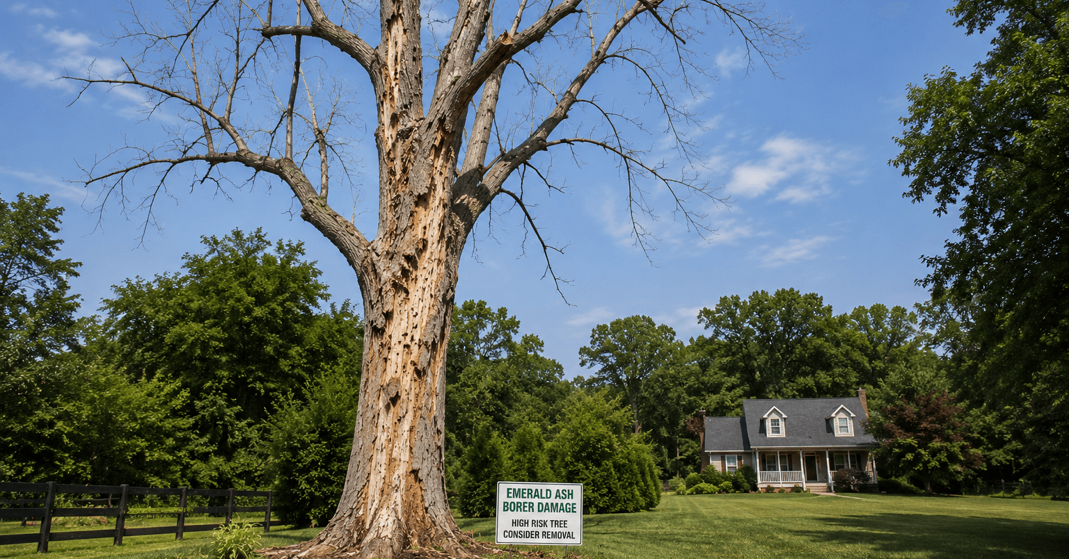 dead Ash tree with bark loss and canopy dieback caused by Emerald Ash Borer in Southern Maryland