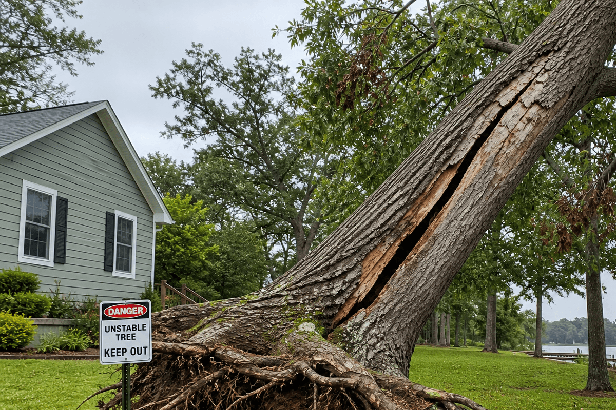 large leaning tree with exposed roots and trunk cracks before storm failure in Southern Maryland