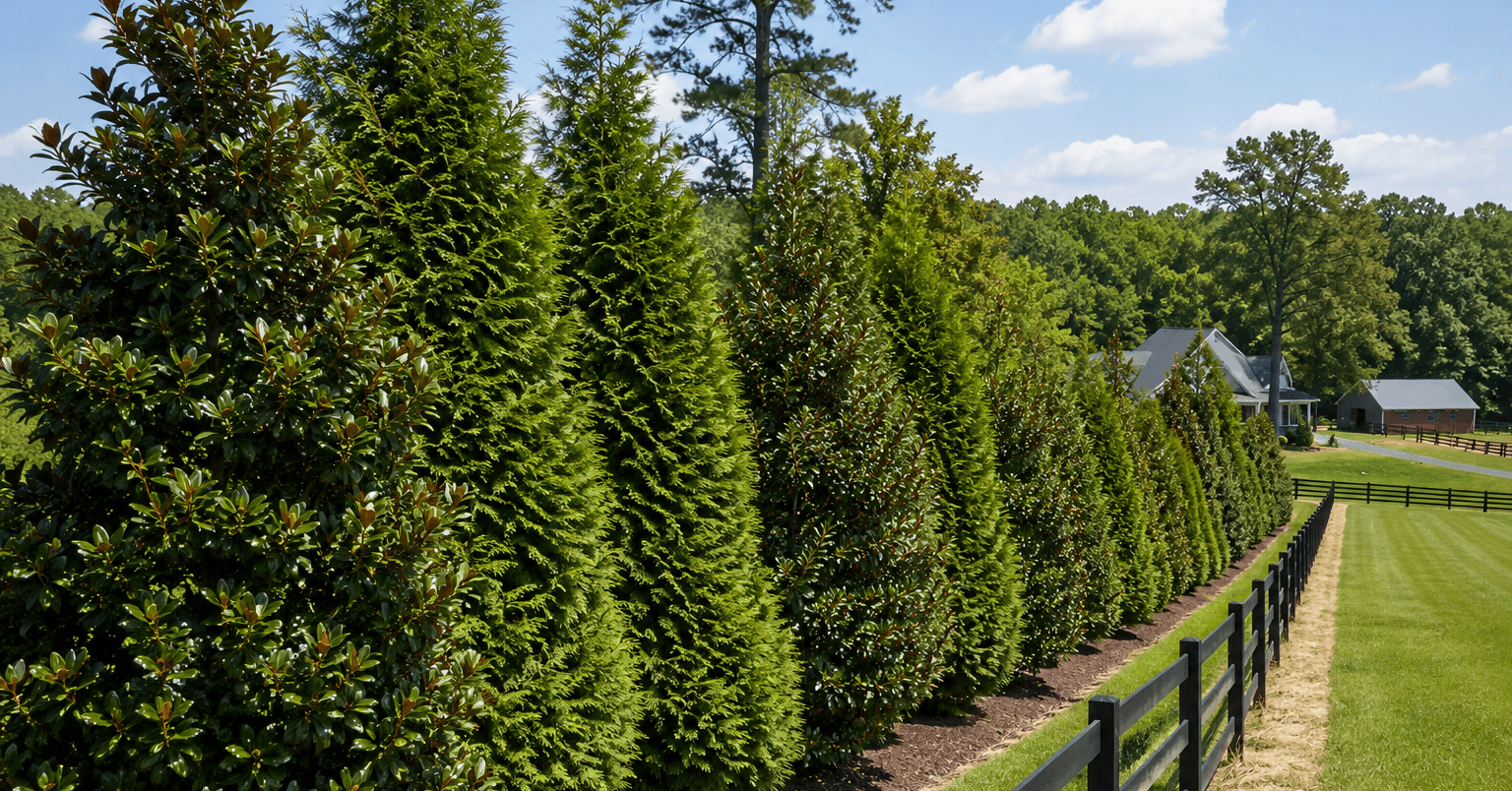 native evergreen privacy trees planted along a rural Southern Maryland property line