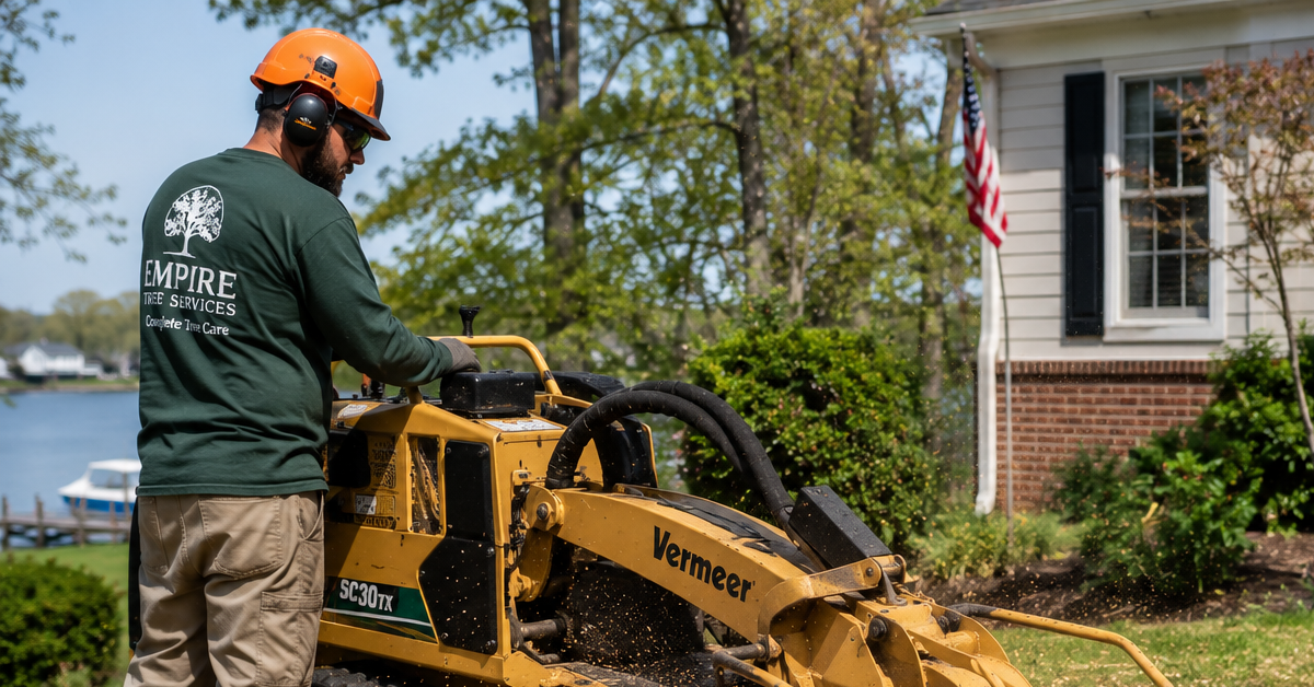 Professional stump grinder removing a large tree stump from a residential yard in Southern Maryland