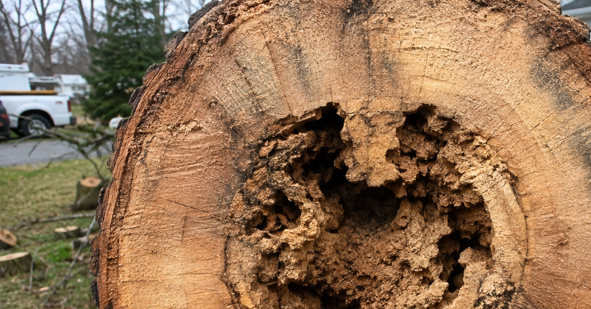 Cross-section of a tree trunk revealing internal decay in Southern Maryland