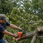 Homeowner attempting DIY tree removal with a chainsaw in Southern Maryland