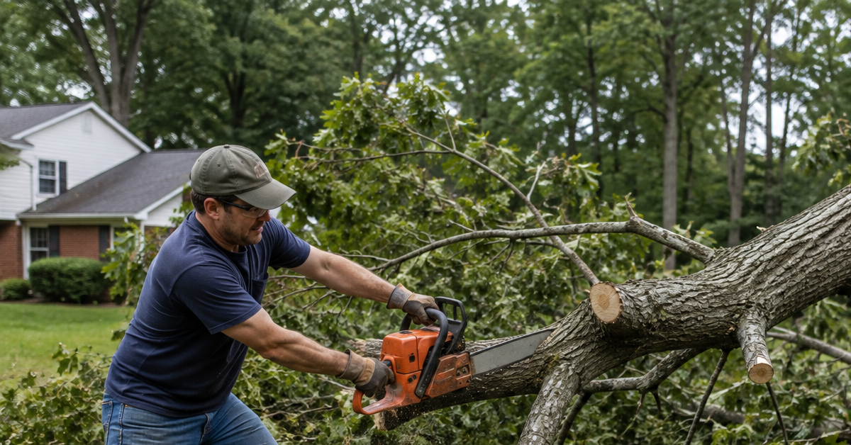 Homeowner attempting DIY tree removal with a chainsaw in Southern Maryland