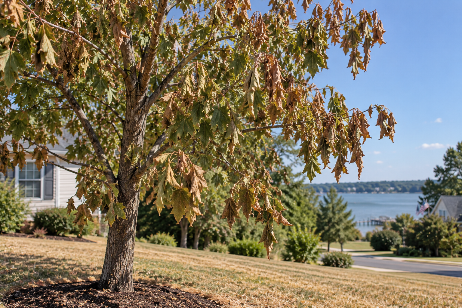 Tree showing drought stress with wilted leaves in Southern Maryland