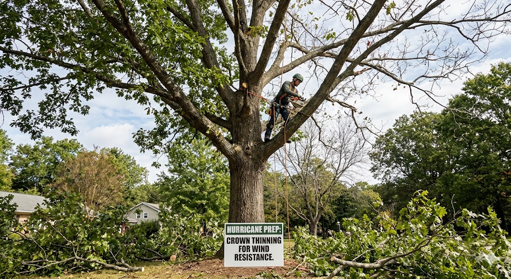 Arborist performing crown thinning on White Oak hurricane prep