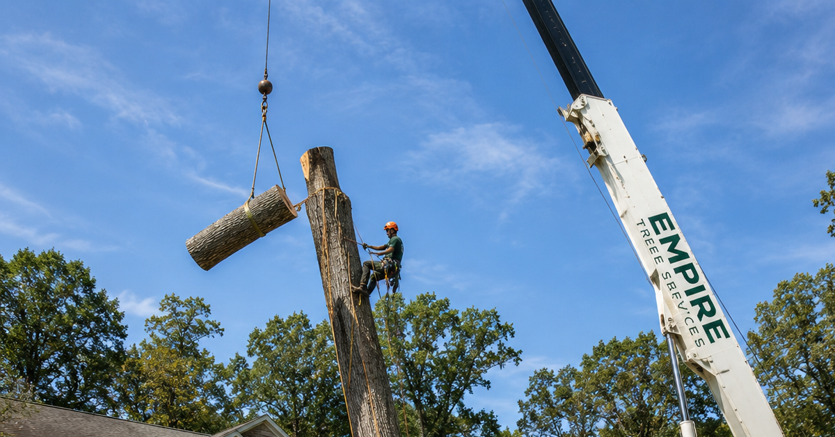 Empire Tree Services crew removing a 90-foot oak tree at a Southern Maryland residential property