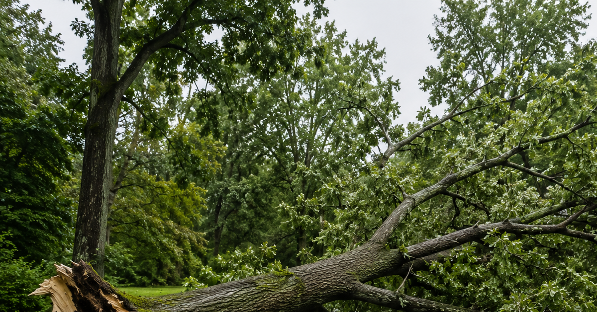 Storm-damaged oak tree blocking a driveway in Southern Maryland