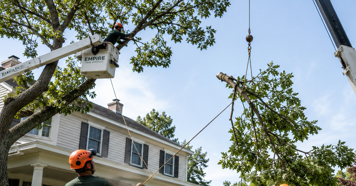 Empire Tree Services crew pruning and lifting trees at a residential property in Southern