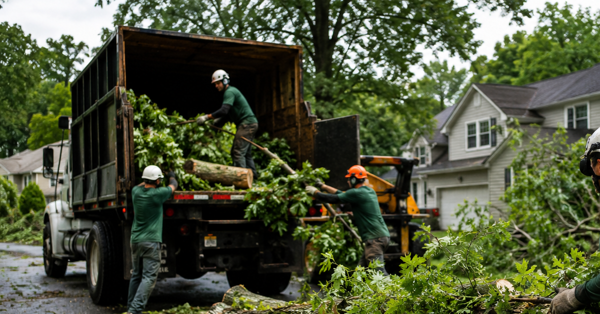 Crew hauling storm debris after emergency tree removal in Mechanicsville, MD