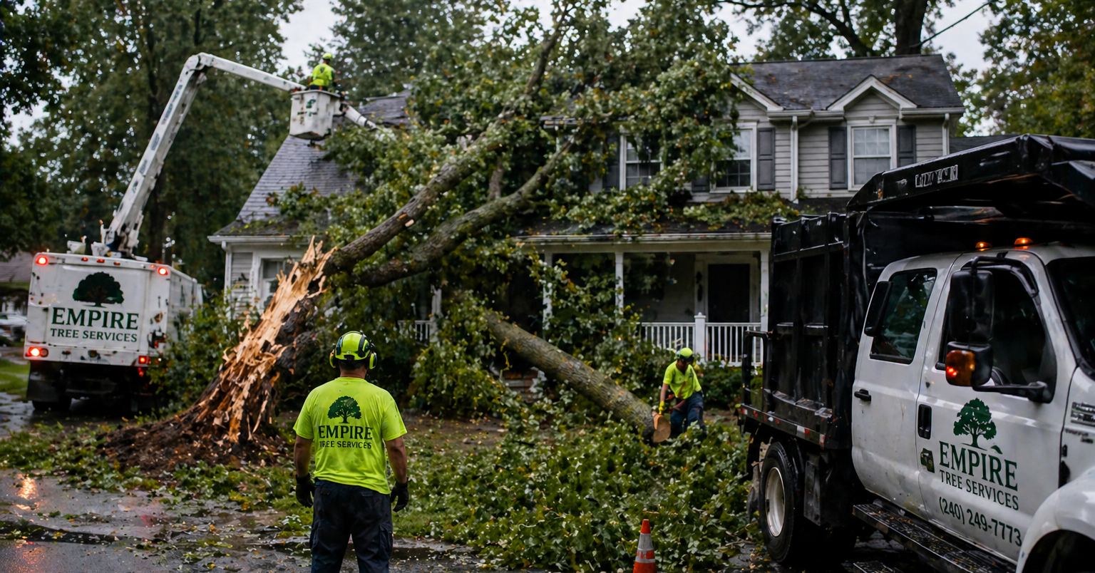 Image Alt Text: Emergency tree service in Calvert County by Empire Tree Services after storm damage