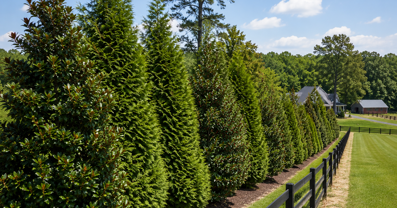 native evergreen privacy trees planted along a rural Southern Maryland property line