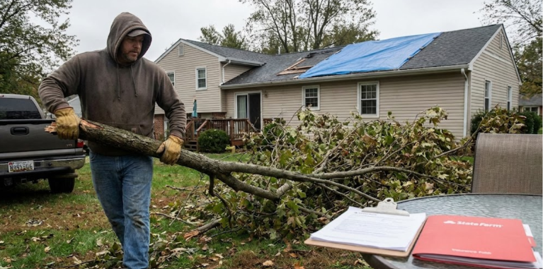 Homeowner dealing with tree debris cleanup after a storm insurance claim in Maryland