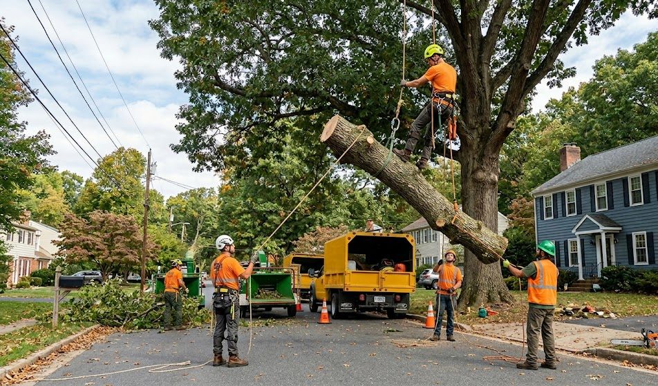 Professional tree removal crew lowering a large limb safely in Mechanicsville Maryland