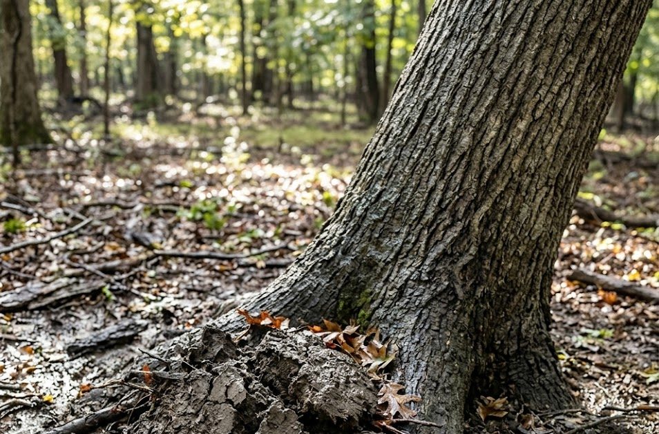 Soil heaving mound at base of leaning oak tree after heavy rain