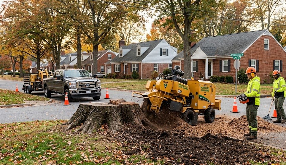 Stump grinder machine removing an old oak stump in Mechanicsville Maryland