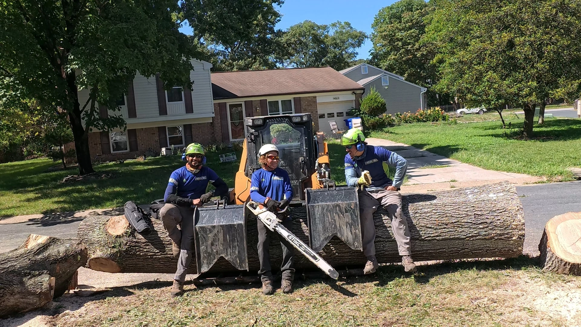 Crew providing tree service in Port Tobacco, MD with crane-assisted removal near residential property
