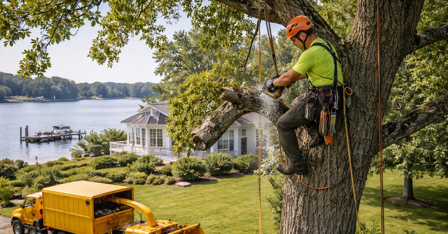 Licensed tree expert trimming a large oak tree near a waterfront home in Southern Maryland