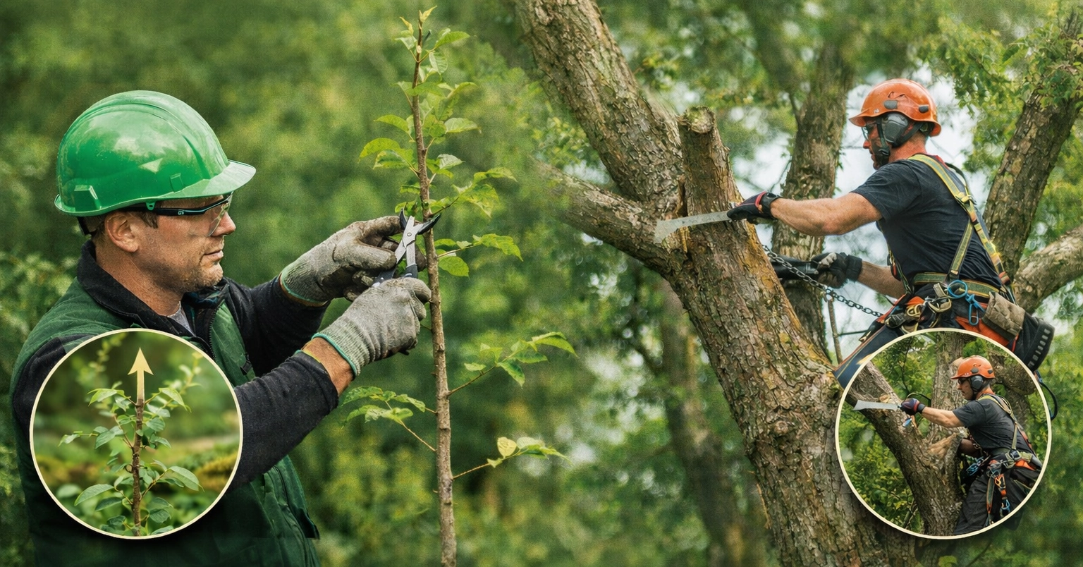 Arborist performing structural pruning on a mature tree for balance and safety