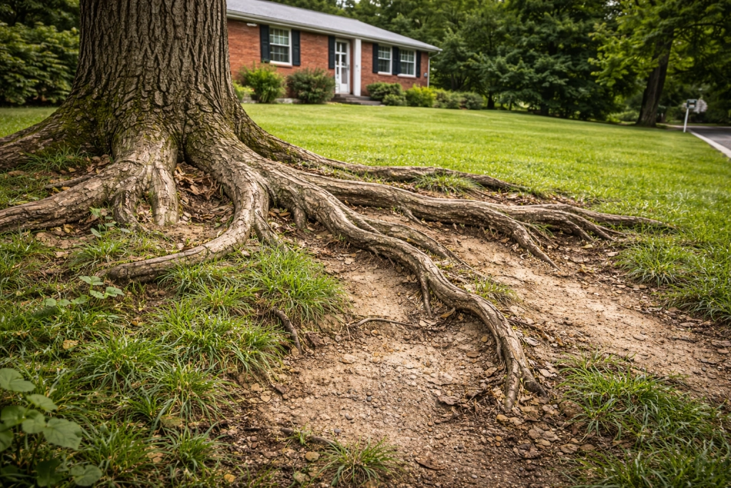 Exposed tree roots spreading across a residential lawn in Southern Maryland showing soil erosion and surface root growth near a mature tree 