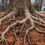 Tree roots exposed and compacted in heavy clay soil in Dunkirk, MD