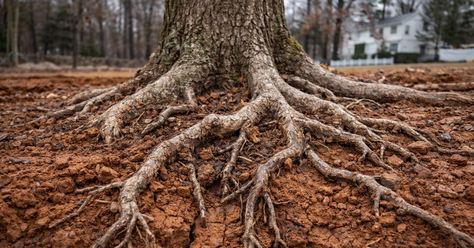 Tree roots exposed and compacted in heavy clay soil in Dunkirk, MD