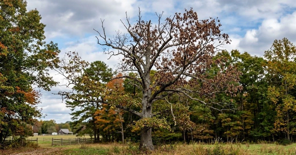 Dying oak tree in Southern Maryland showing canopy dieback and brown leaves